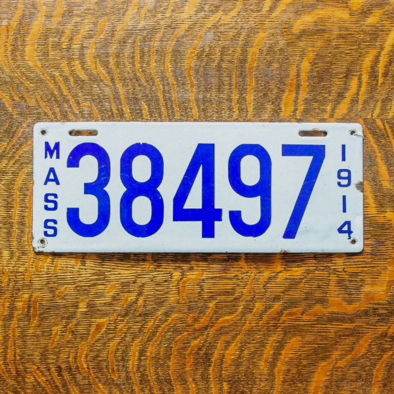 Photo of a 1914 Massachusetts Porcelain License Plate Auto Tag Garage Decor Vintage High Quality 38497 with original patina