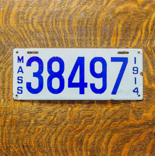 Photo of a 1914 Massachusetts Porcelain License Plate Auto Tag Garage Decor Vintage High Quality 38497 with original patina