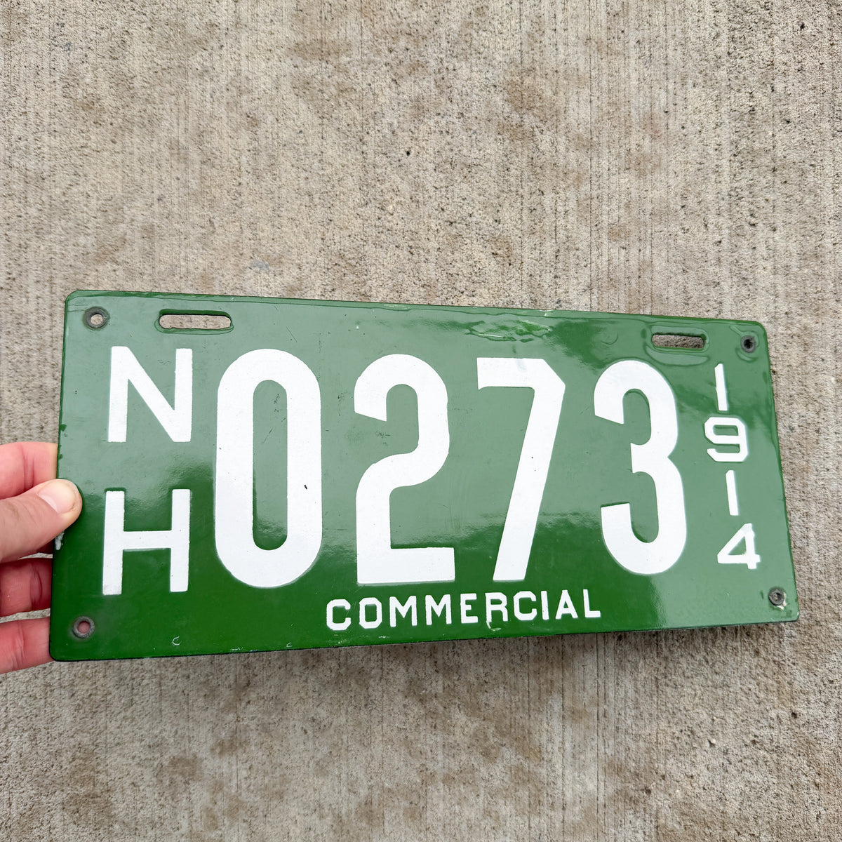 Photo of a 1914 New Hampshire Porcelain Commercial License Plate Auto Tag Garage Decor Vintage High Quality 0273 with original patina