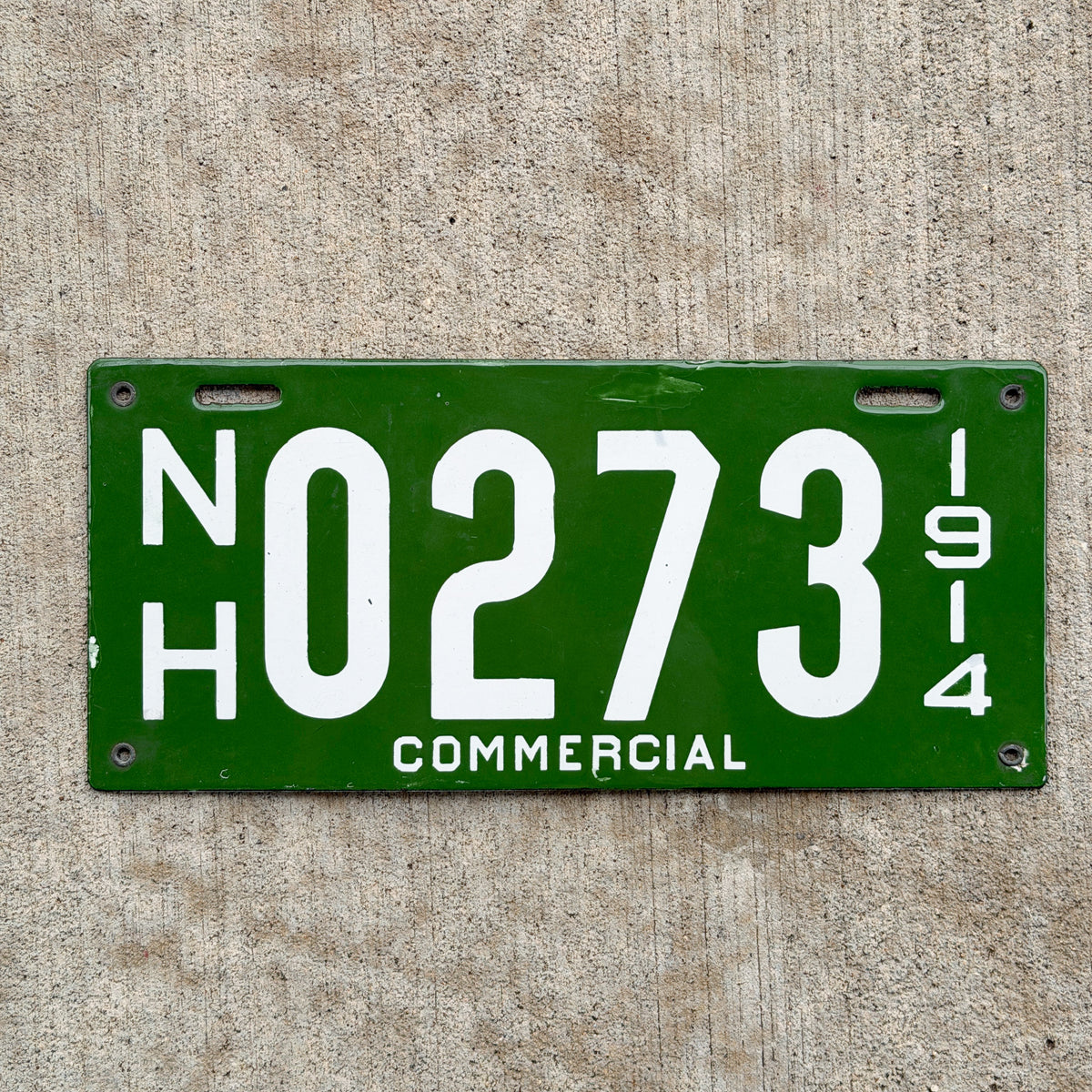 Photo of a 1914 New Hampshire Porcelain Commercial License Plate Auto Tag Garage Decor Vintage High Quality 0273 with original patina