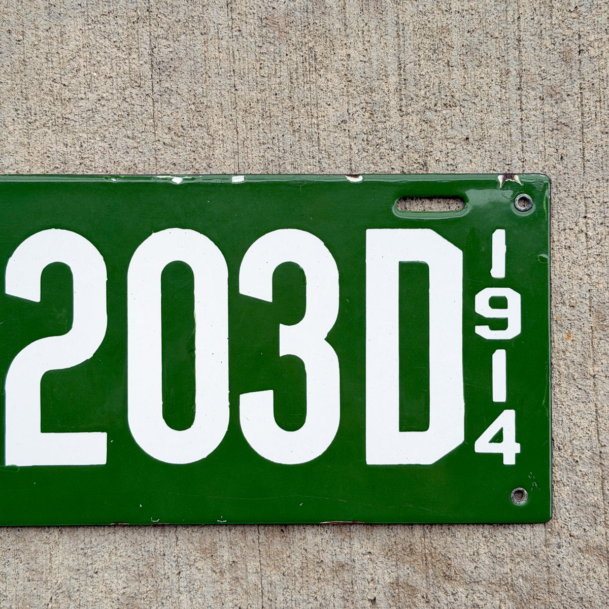 Photo of a 1914 New Hampshire Porcelain Dealer License Plate Auto Tag Garage Decor Vintage High Quality A 203 D with original patina