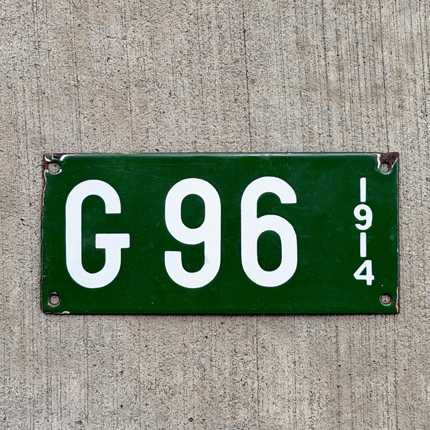 Photo of a 1914 New Hampshire Porcelain Garbage License Plate Auto Tag Garage Decor Vintage High Quality G 96 with original patina
