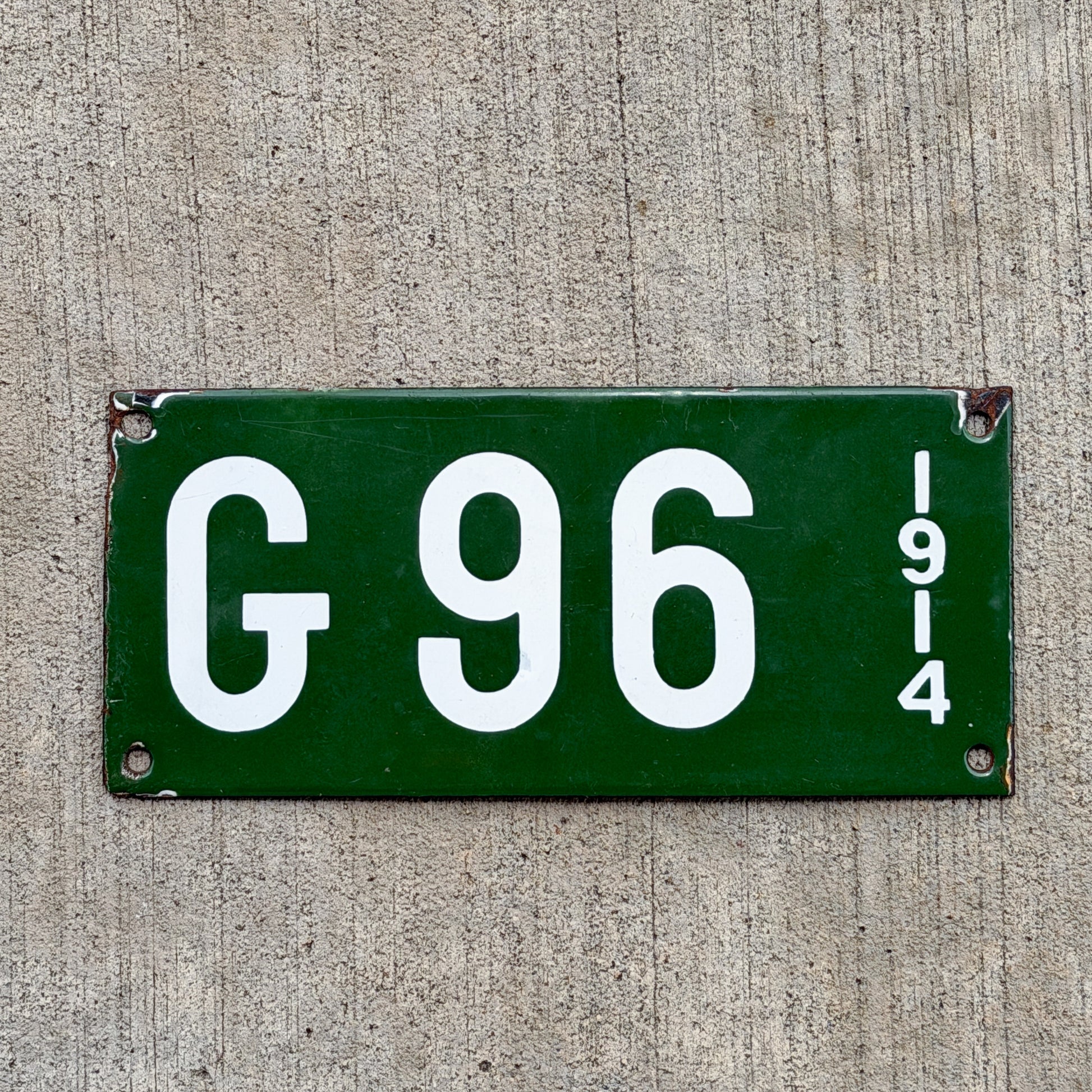Photo of a 1914 New Hampshire Porcelain Garbage License Plate Auto Tag Garage Decor Vintage High Quality G 96 with original patina