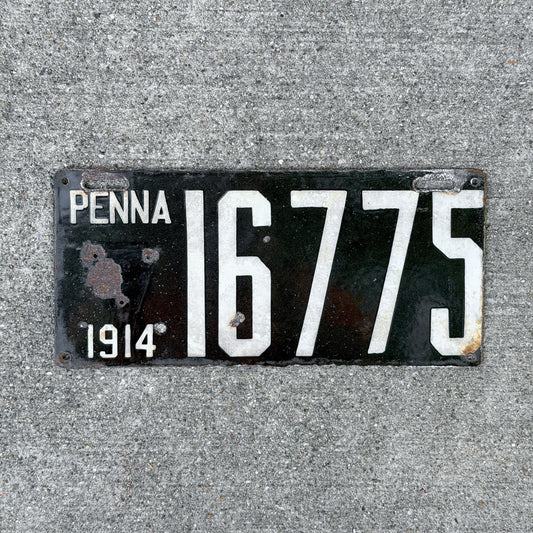 Photo of a 1914 Pennsylvania Porcelain License Plate Auto Tag Garage Decor Vintage 16775 with original patina