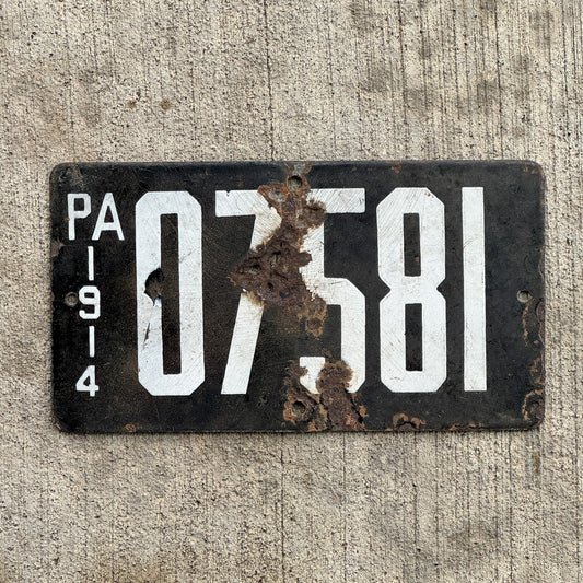 Photo of a 1914 Pennsylvania Porcelain Motorcycle License Plate Auto Tag Garage Decor Vintage 07581 with original patina