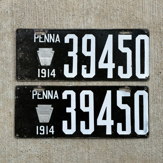 Photo of a 1914 Pennsylvania Porcelain Truck License Plate Pair Auto Tag Garage Decor Vintage First Issue Type 39450 with original patina