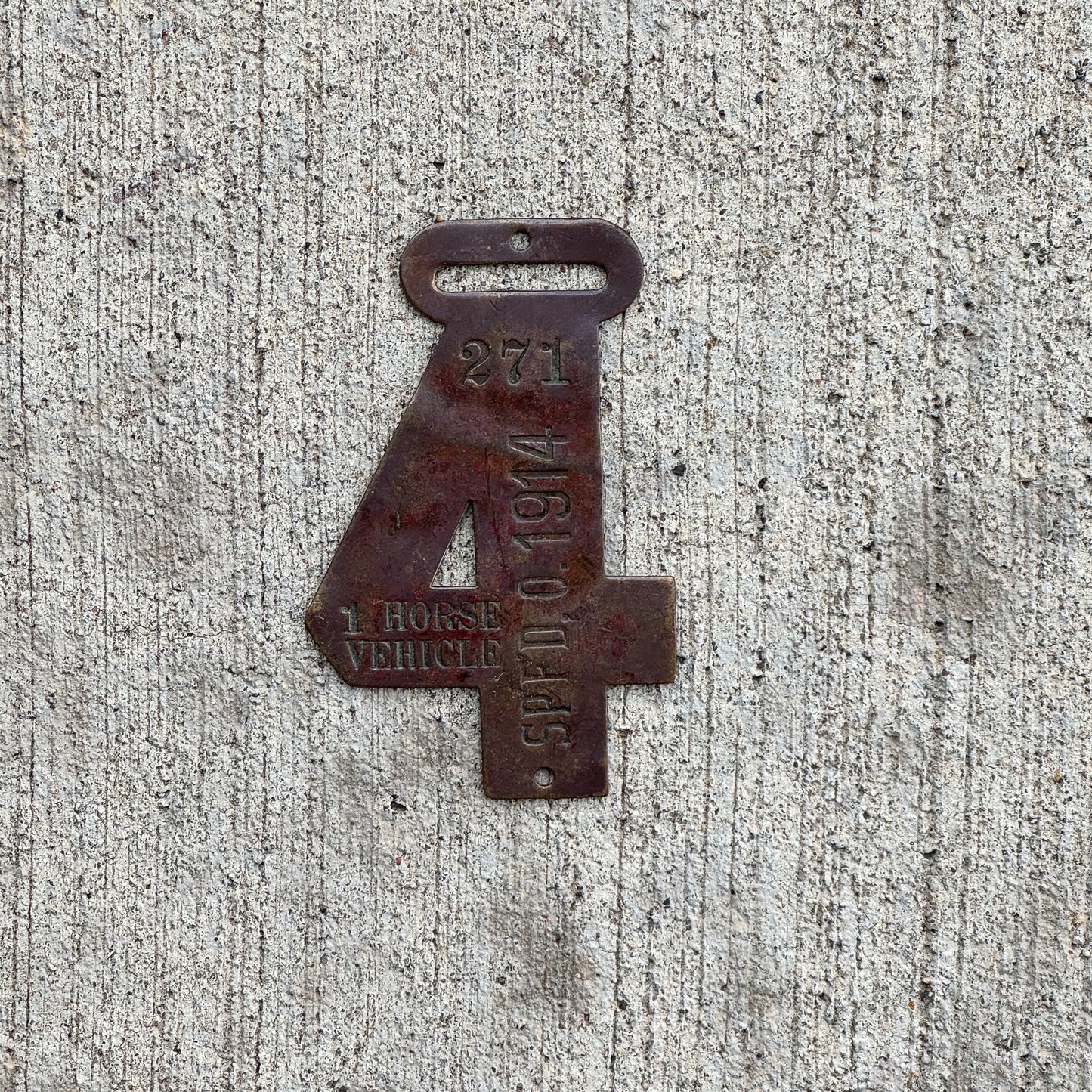 Photo of a 1914 Springfield Ohio 1 Horse Vehicle Auto Tag Garage Decor Vintage 271 with original patina