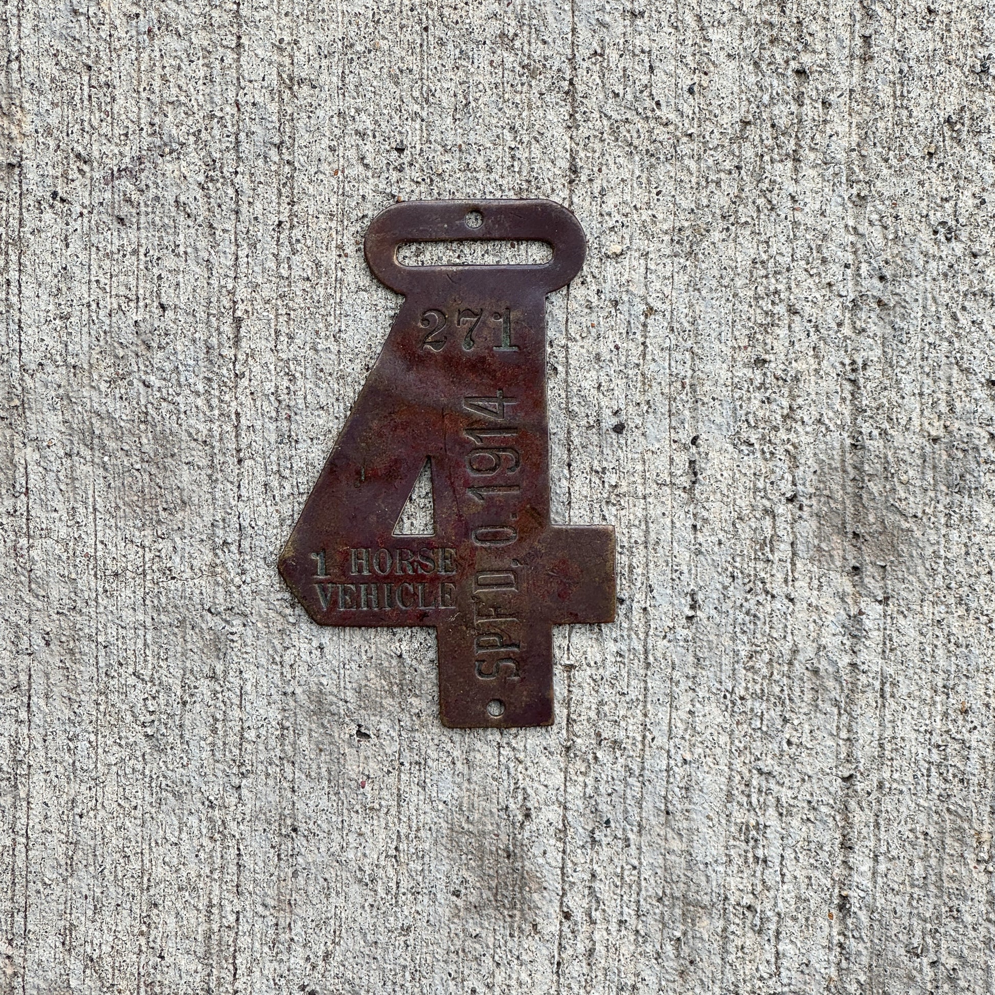 Photo of a 1914 Springfield Ohio 1 Horse Vehicle Auto Tag Garage Decor Vintage 271 with original patina