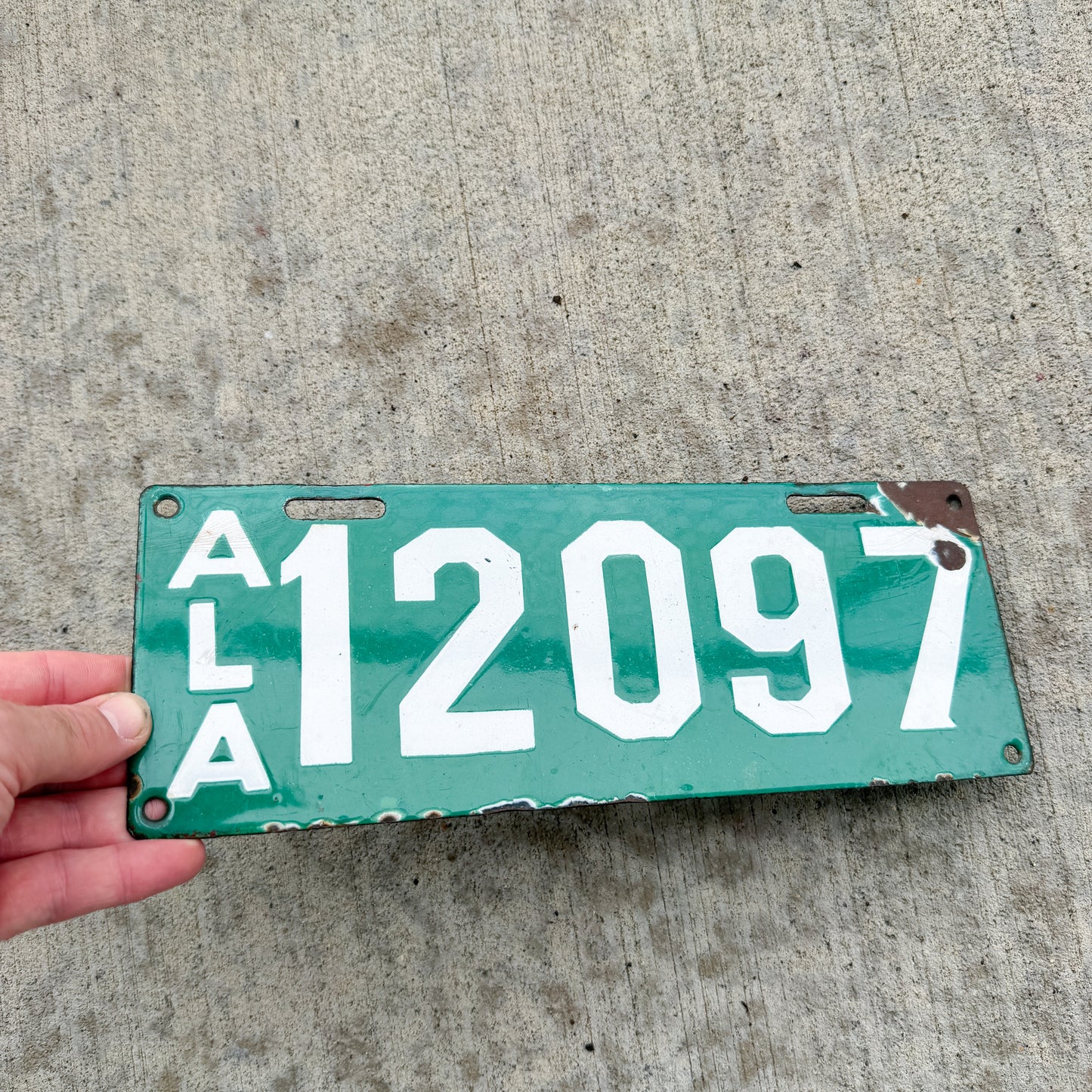 Photo of a 1915 Alabama Porcelain License Plate Auto Tag Garage Decor Vintage ALPCA Archive Example 12097 with original patina