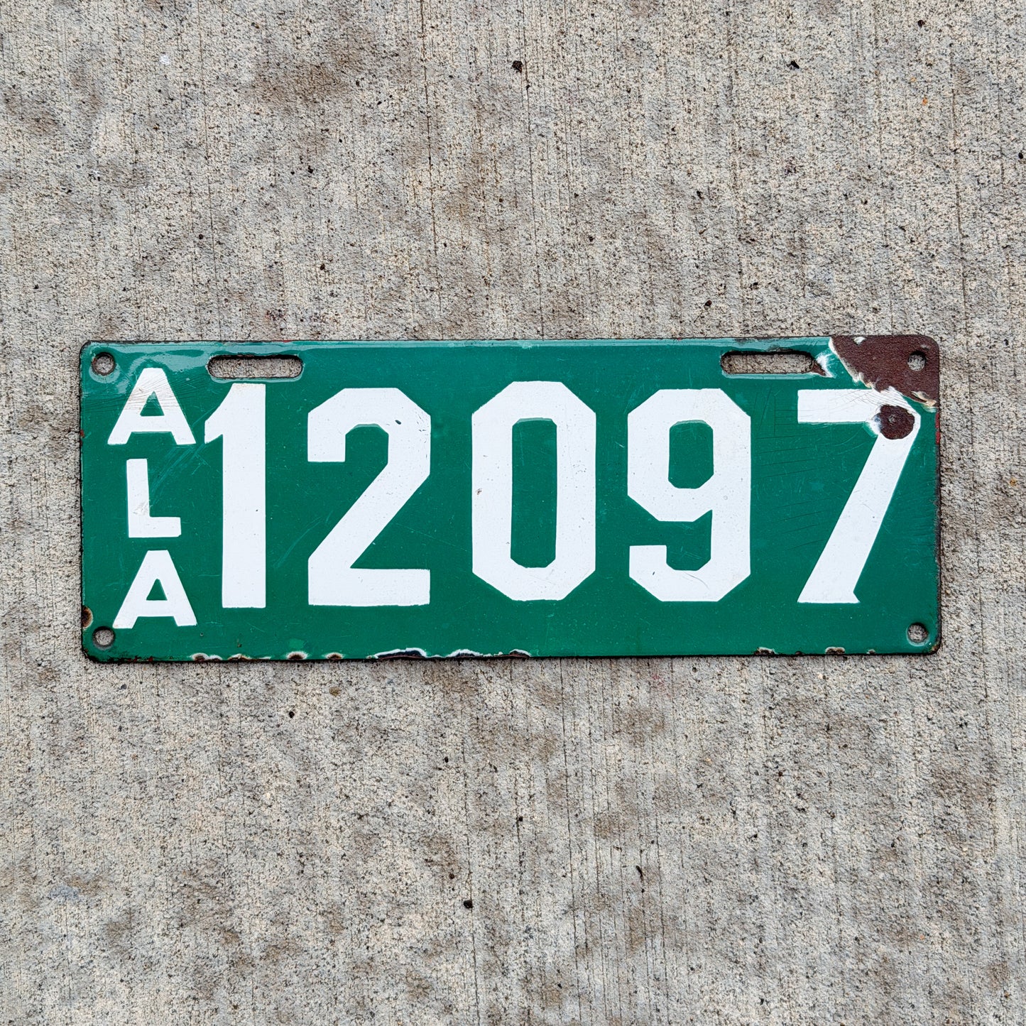 Photo of a 1915 Alabama Porcelain License Plate Auto Tag Garage Decor Vintage ALPCA Archive Example 12097 with original patina