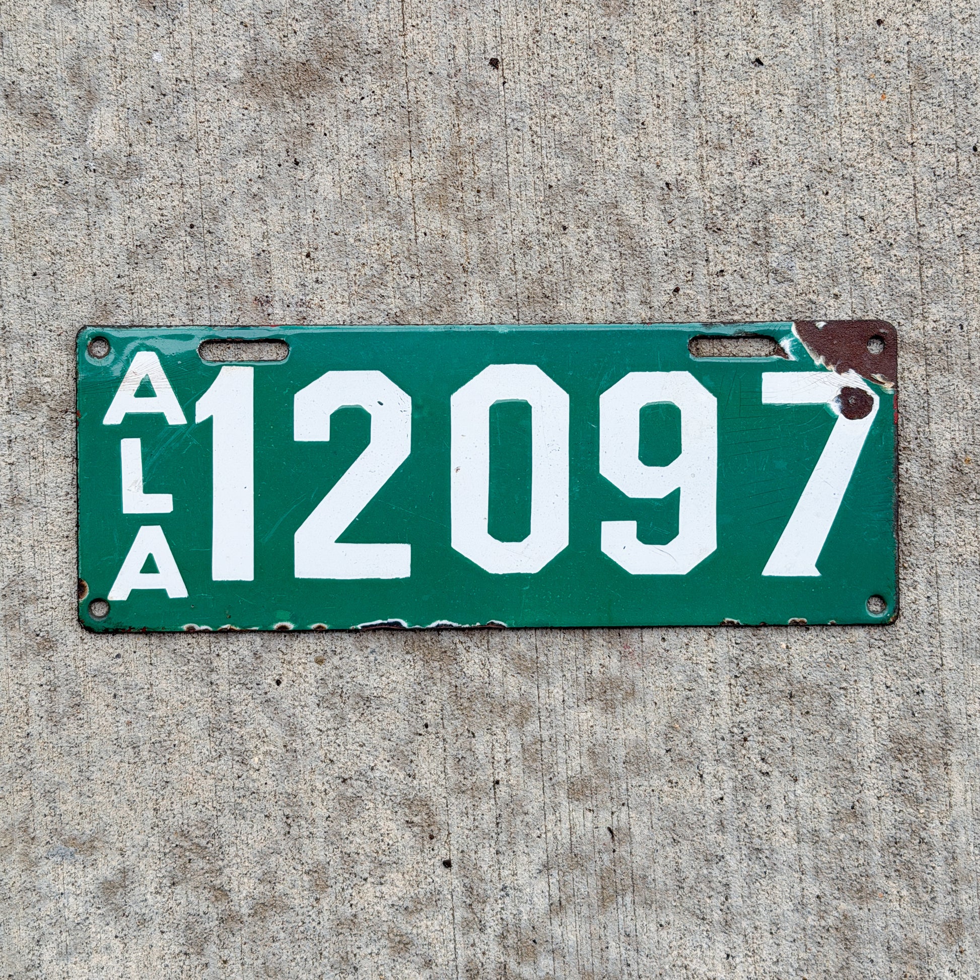 Photo of a 1915 Alabama Porcelain License Plate Auto Tag Garage Decor Vintage ALPCA Archive Example 12097 with original patina