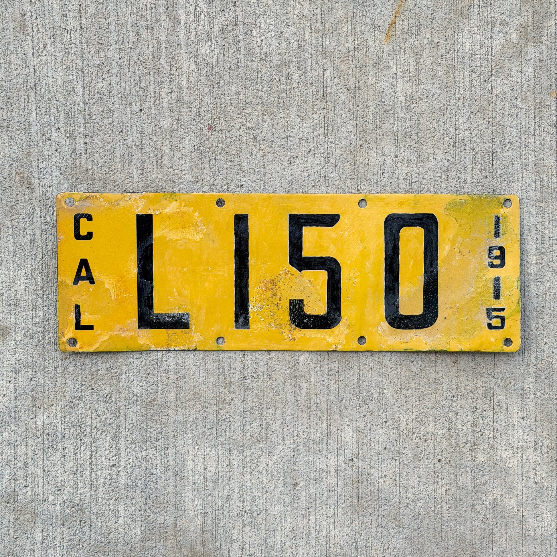 Photo of a 1915 California Porcelain Used Car Deale License Plate Auto Tag Garage Decor Vintage Very Hard to Find Type L150 with original patina