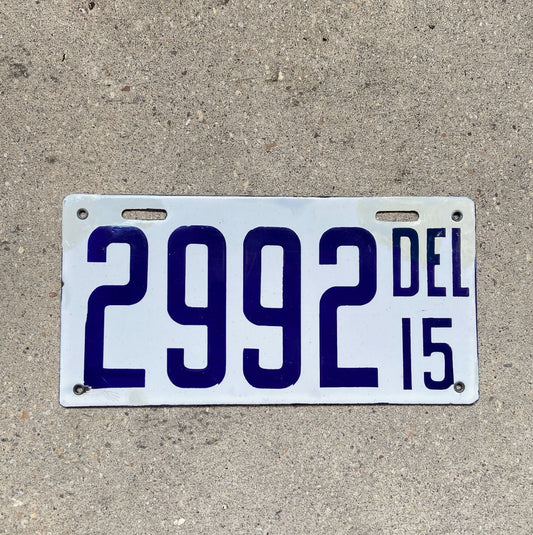 Photo of a 1915 Delaware Porcelain License Plate Auto Tag Garage Decor Vintage High Quality 2992 with original patina