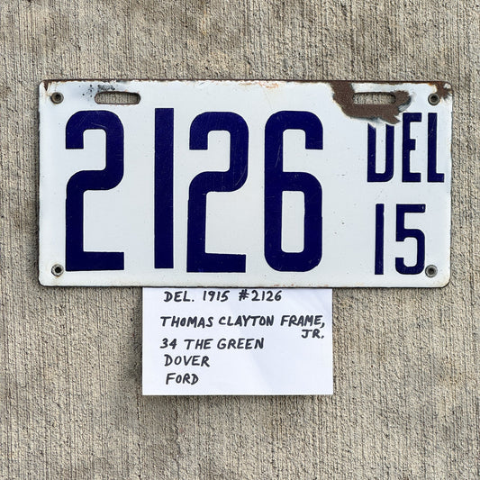 Photo of a 1915 Delaware Porcelain License Plate Auto Tag Garage Decor Vintage Low Number Four Digit 2126 with original patina