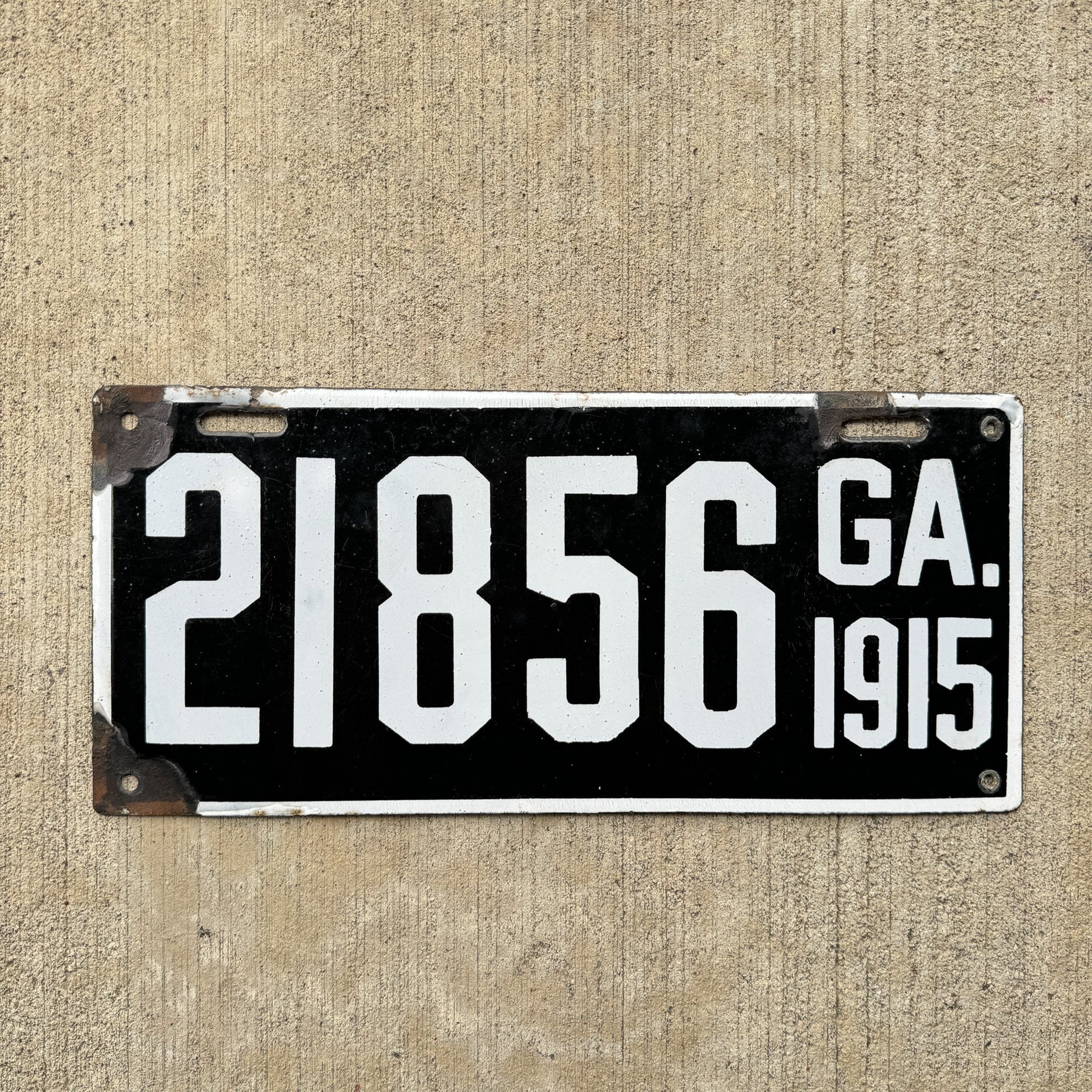 Photo of a 1915 Georgia Porcelain License Plate Auto Tag Garage Decor Vintage High Quality 21856 with original patina