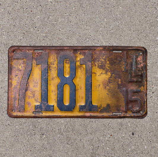 Photo of a 1915 Illinois License Plate Auto Tag Garage Decor Vintage Low Number Four Digit 7181 with original patina