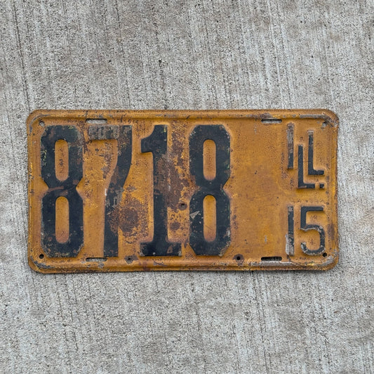 Photo of a 1915 Illinois License Plate Auto Tag Garage Decor Vintage Low Number Four Digit 8718 with original patina