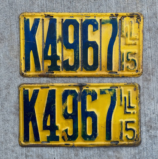 Photo of a 1915 Illinois License Plate Pair Auto Tag Garage Decor Vintage K 4967 with original patina