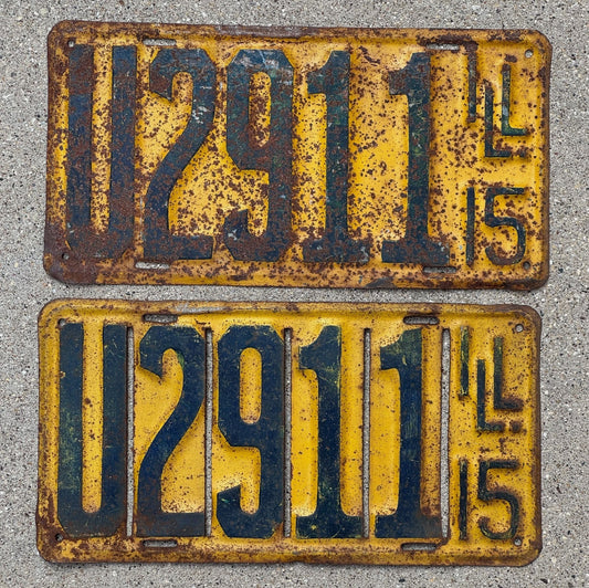 Photo of a 1915 Illinois License Plate Pair Auto Tag Garage Decor Vintage U 2911 with original patina