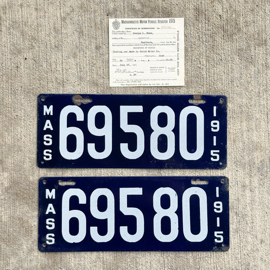 Photo of a 1915 Massachusetts Porcelain License Plate Pair Auto Tag Garage Decor Vintage With Registration Buick Touring Car 69580 with original patina