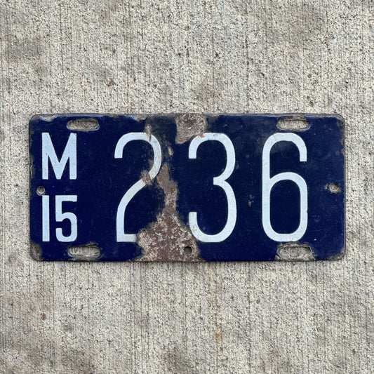 Photo of a 1915 Massachusetts Porcelain Motorcycle License Plate Auto Tag Garage Decor Vintage Low Number Three Digit 236 with original patina