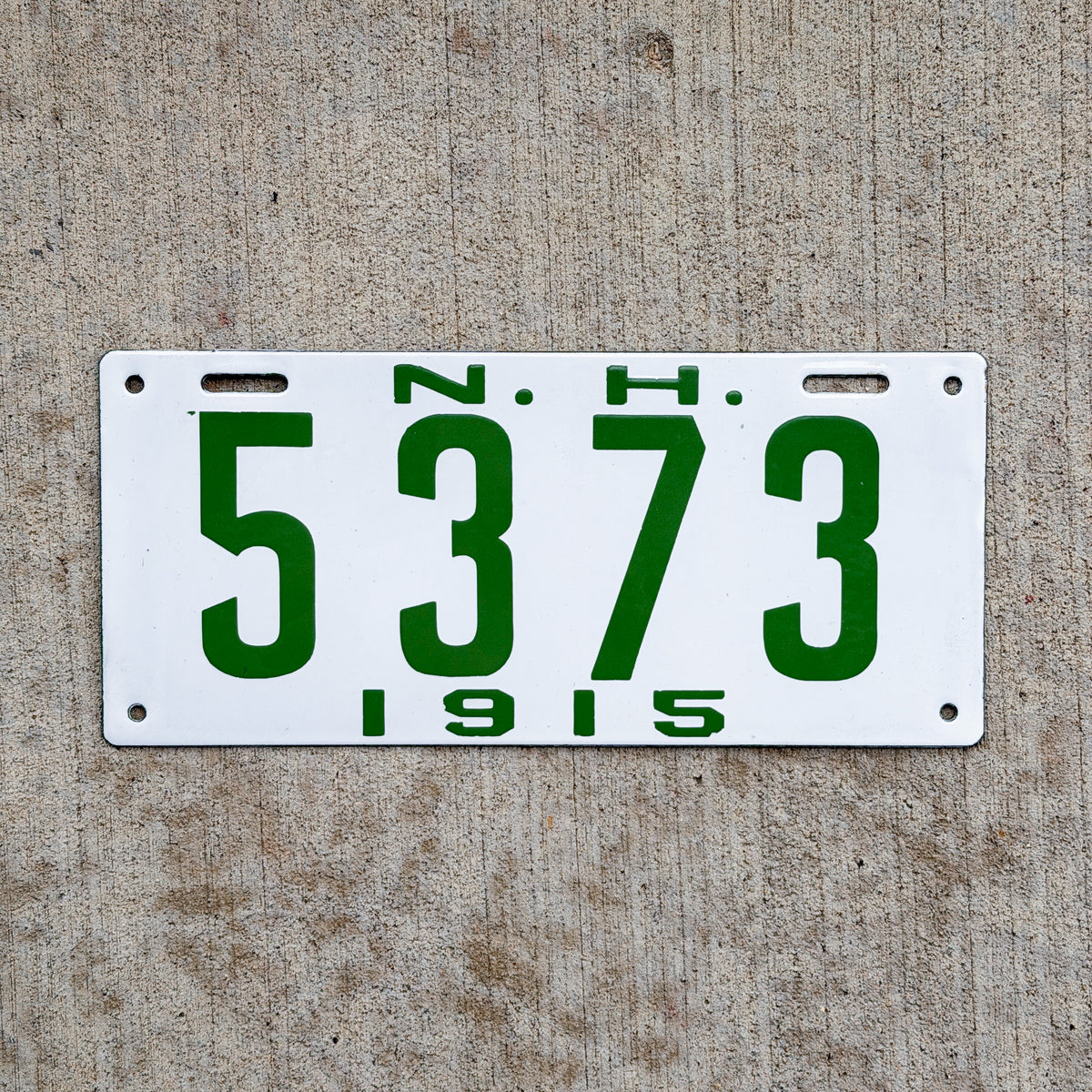 Photo of a 1915 New Hampshire Porcelain License Plate Auto Tag Garage Decor Vintage High Quality 5373 with original patina