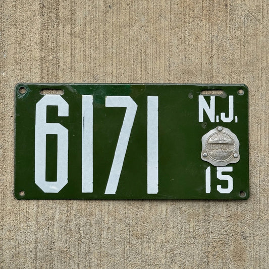 Photo of a 1915 New Jersey Porcelain License Plate Auto Tag Garage Decor Vintage Low Number Four Digit 6171 with original patina