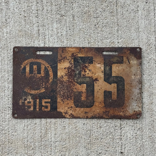 Photo of a 1915 Ohio Farm Truck License Plate Auto Tag Garage Decor Vintage Low Number Two Digit 55 with original patina