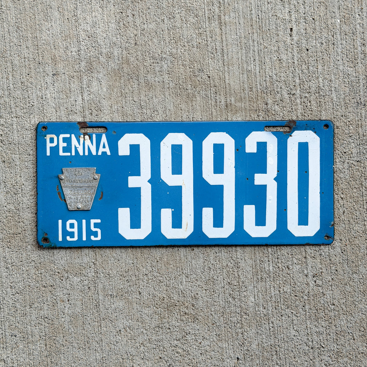 Photo of a 1915 Pennsylvania Porcelain License Plate Auto Tag 2 Vintage Garage 39930 with original patina