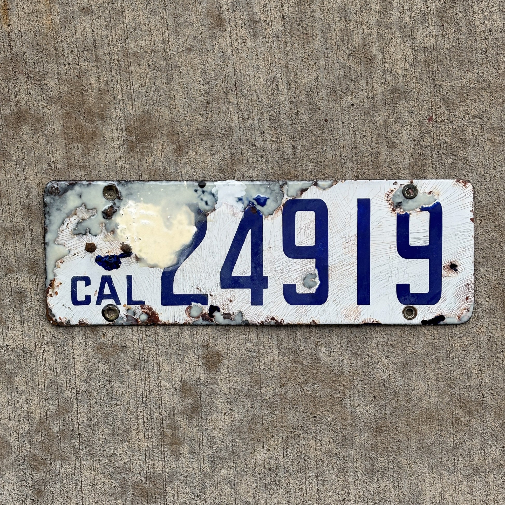 Photo of a 1916 California Porcelain License Plate Auto Tag Garage Decor Vintage Natural 1916 24919 with original patina