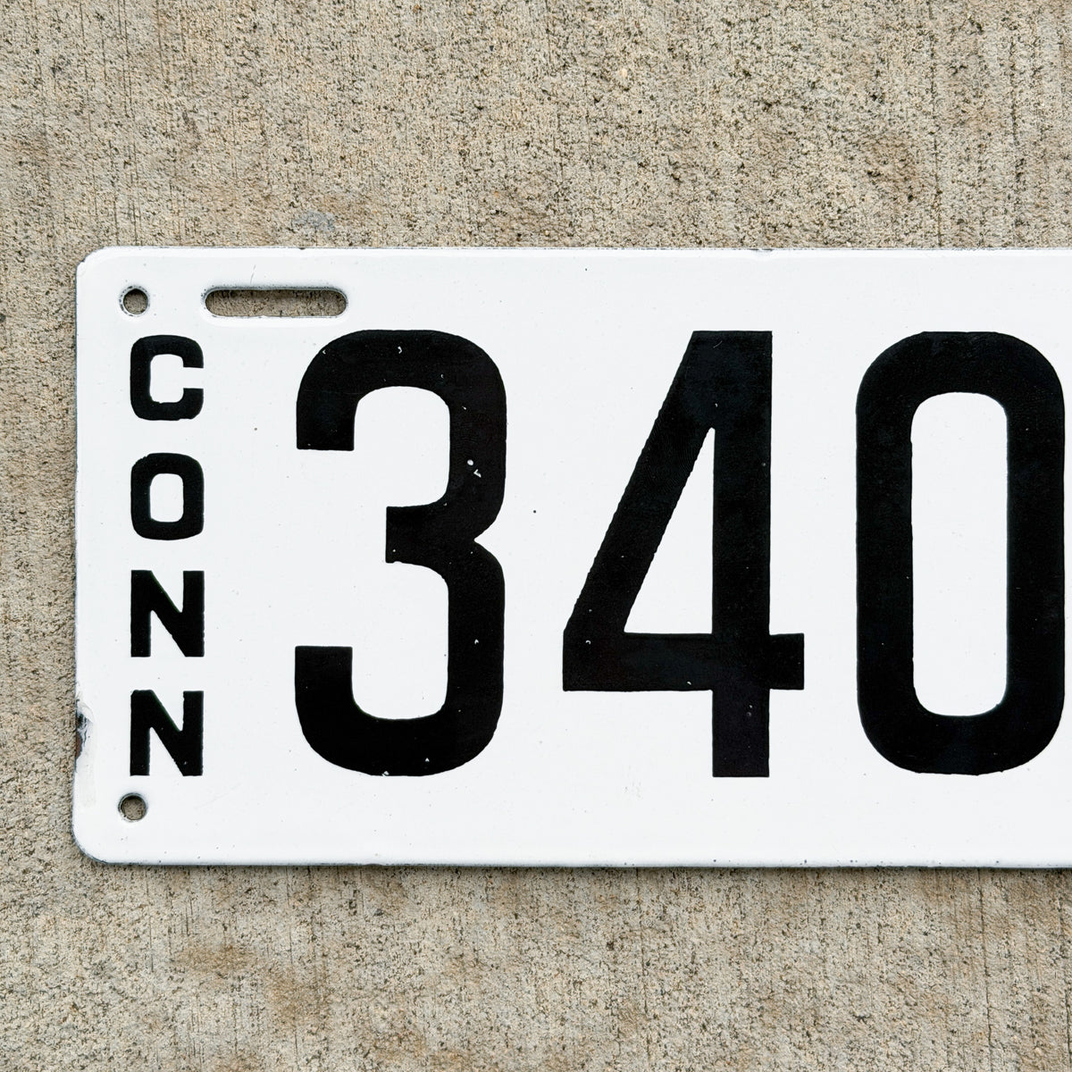 Photo of a 1916 Connecticut Porcelain Commercial License Plate Auto Tag Garage Decor Vintage High Quality Four Digit 3403 with original patina