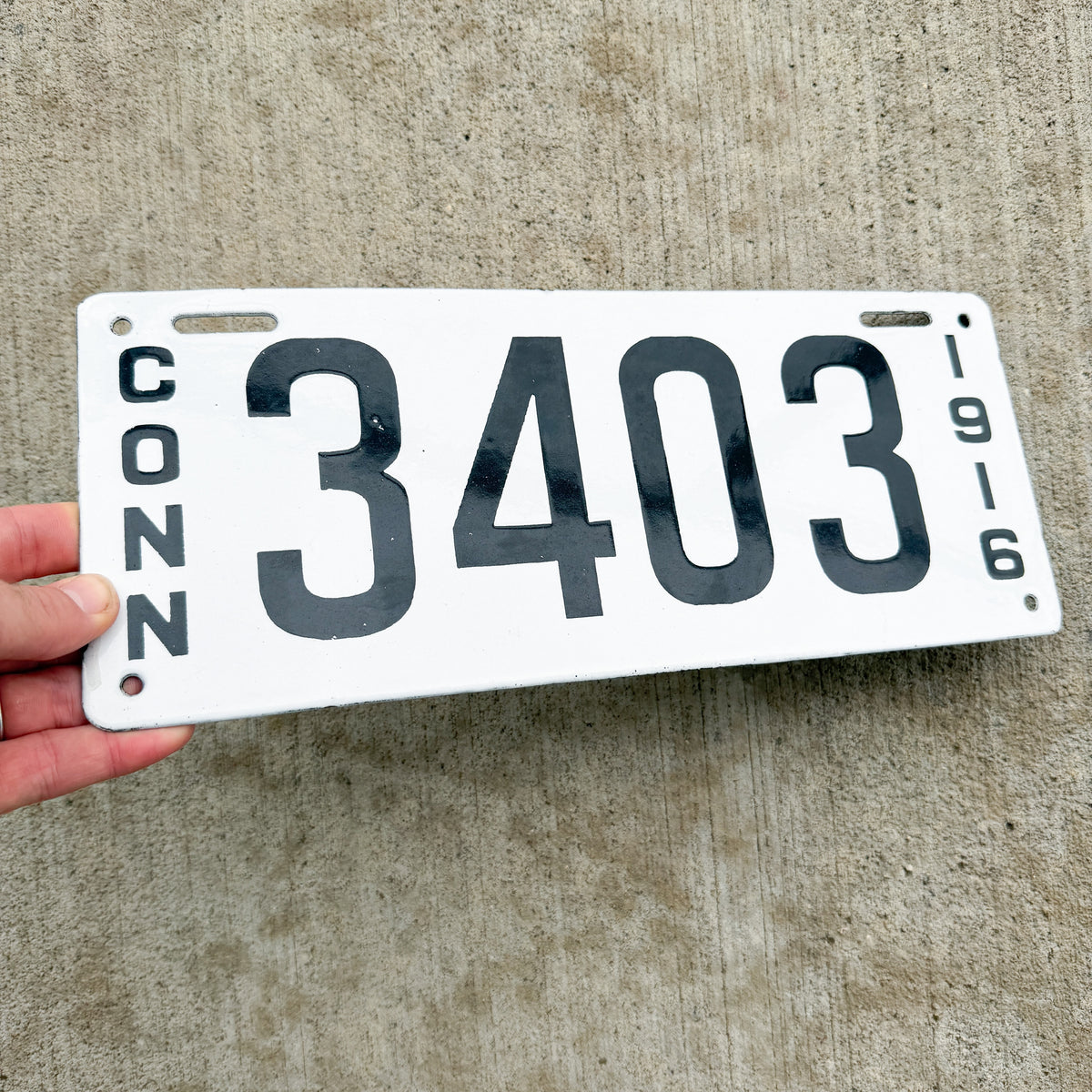 Photo of a 1916 Connecticut Porcelain Commercial License Plate Auto Tag Garage Decor Vintage High Quality Four Digit 3403 with original patina
