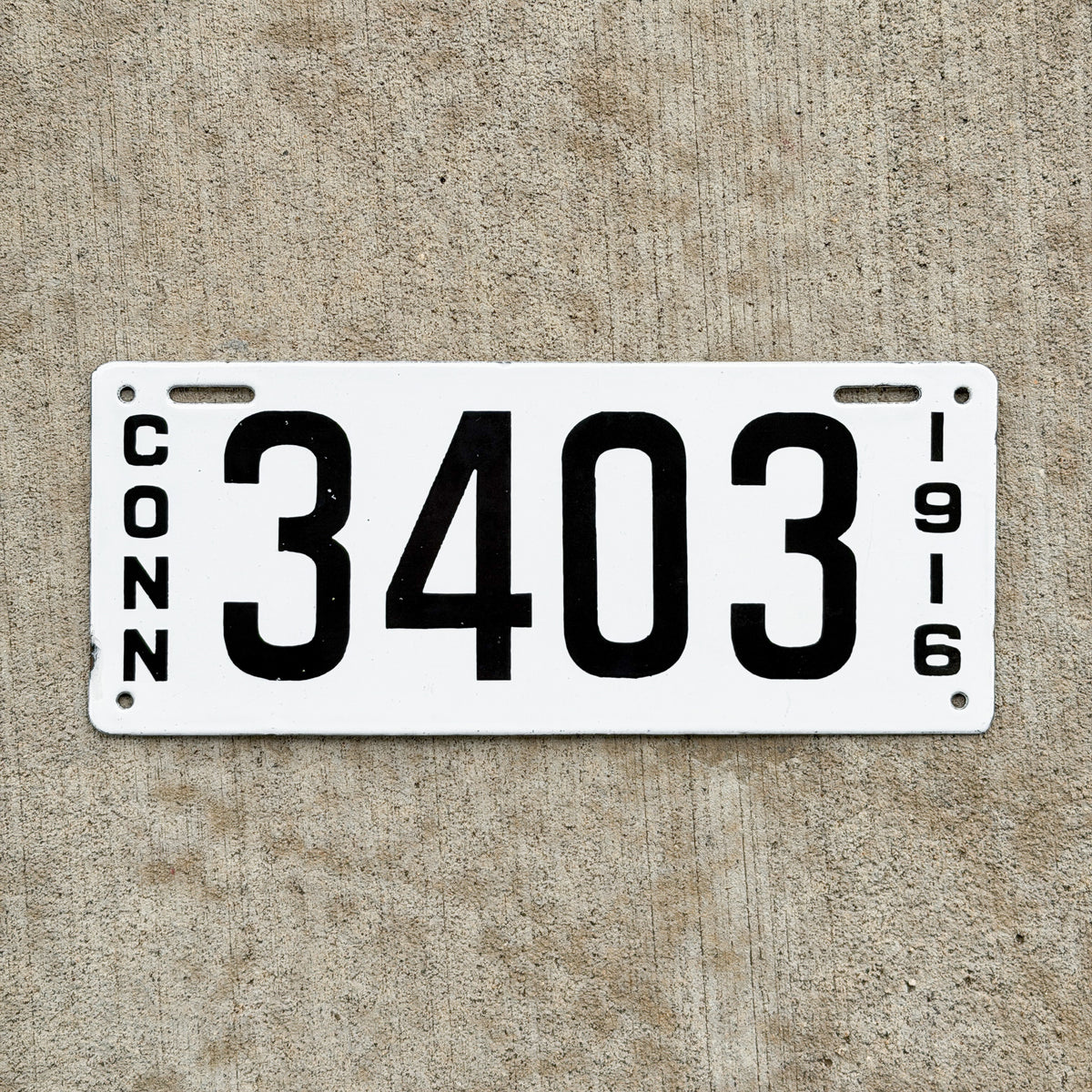 Photo of a 1916 Connecticut Porcelain Commercial License Plate Auto Tag Garage Decor Vintage High Quality Four Digit 3403 with original patina