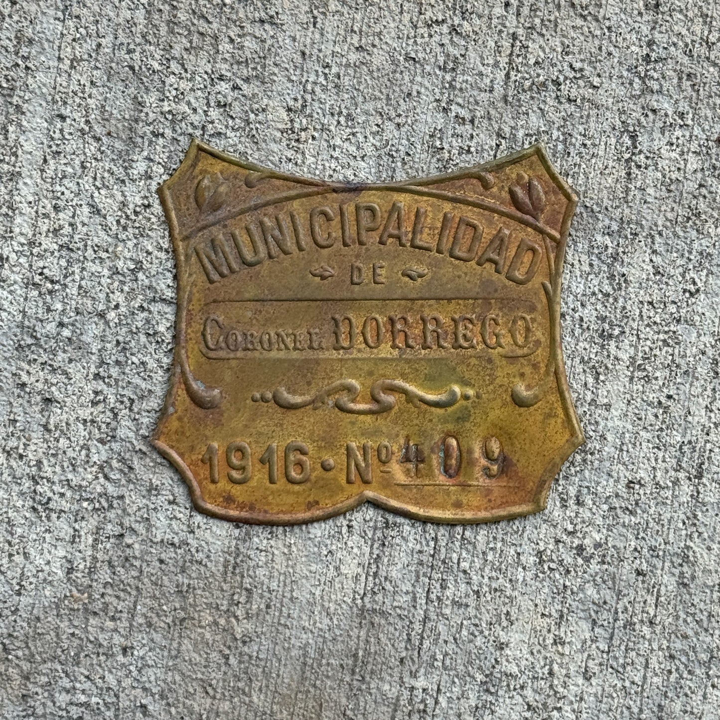 Photo of a 1916 Coronel Dorrego Argentina Auto Tag Garage Decor Vintage Badge 409 with original patina