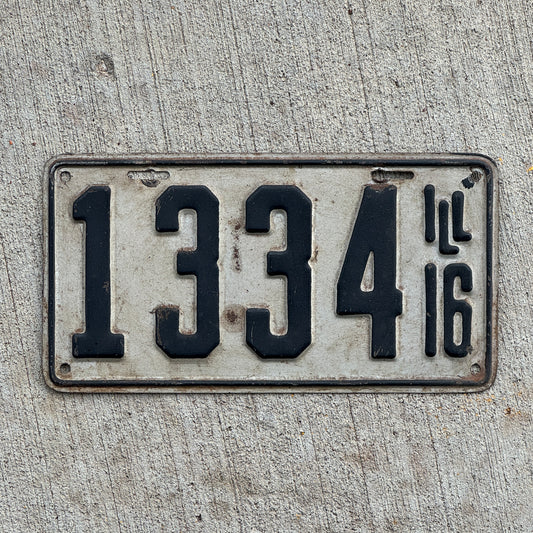 Photo of a 1916 Illinois License Plate Auto Tag Garage Decor Vintage Low Number Four Digit 1334 with original patina