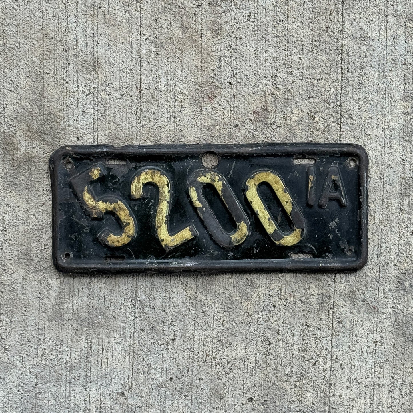 Photo of a 1916 Iowa Motorcycle License Plate Auto Tag Garage Decor Vintage ALPCA Archive Example Low Number Four Digit 5200 with original patina