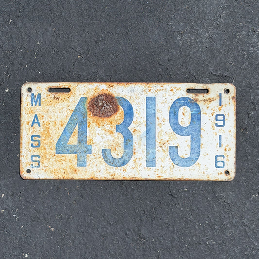 Photo of a 1916 Massachusetts License Plate Auto Tag Garage Decor Vintage Low Number Four Digit 4319 with original patina