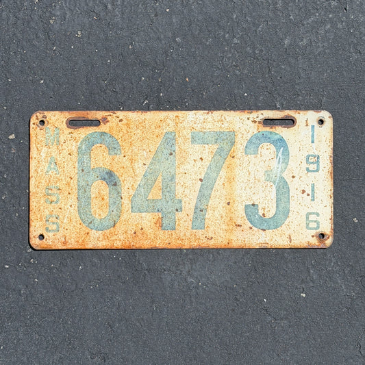 Photo of a 1916 Massachusetts License Plate Auto Tag Garage Decor Vintage Low Number Four Digit 6473 with original patina