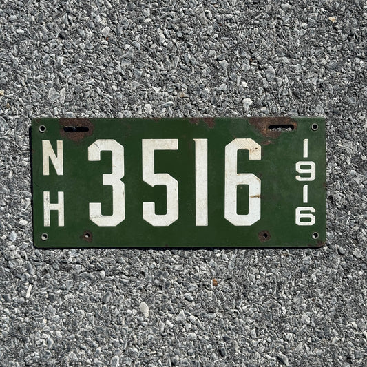 Photo of a 1916 New Hampshire License Plate Auto Tag Garage Decor Vintage Four Digit Low Number 3516