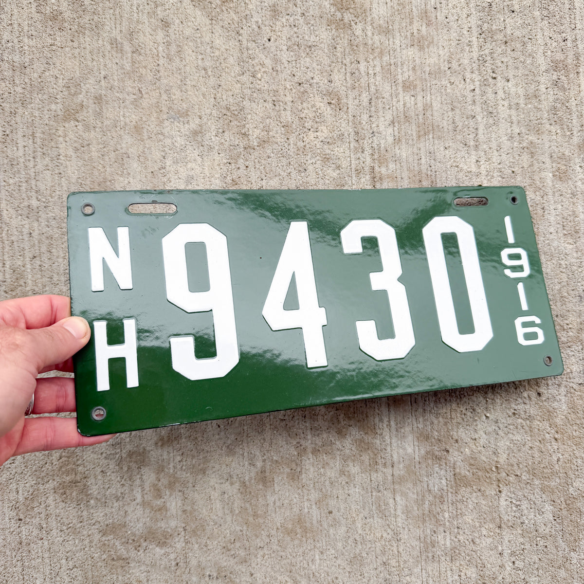 Photo of a 1916 New Hampshire Porcelain License Plate Auto Tag Garage Decor Vintage High Quality 9430 with original patina