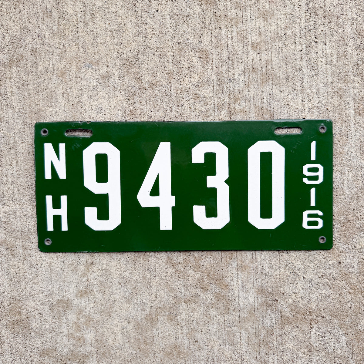 Photo of a 1916 New Hampshire Porcelain License Plate Auto Tag Garage Decor Vintage High Quality 9430 with original patina