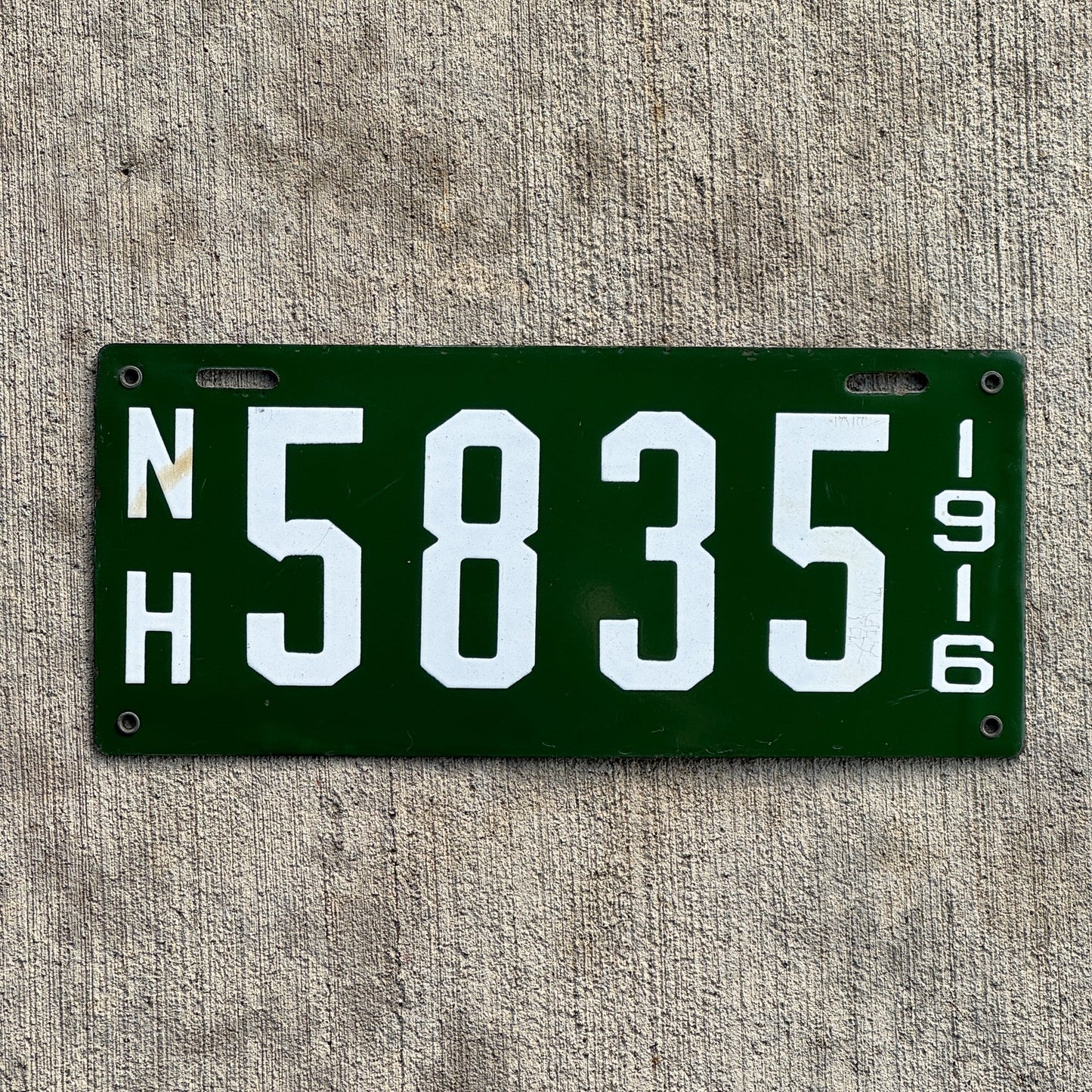 Photo of a 1916 New Hampshire Porcelain License Plate Auto Tag Garage Decor Vintage Low Number Four Digit High Quality 5835 with original patina
