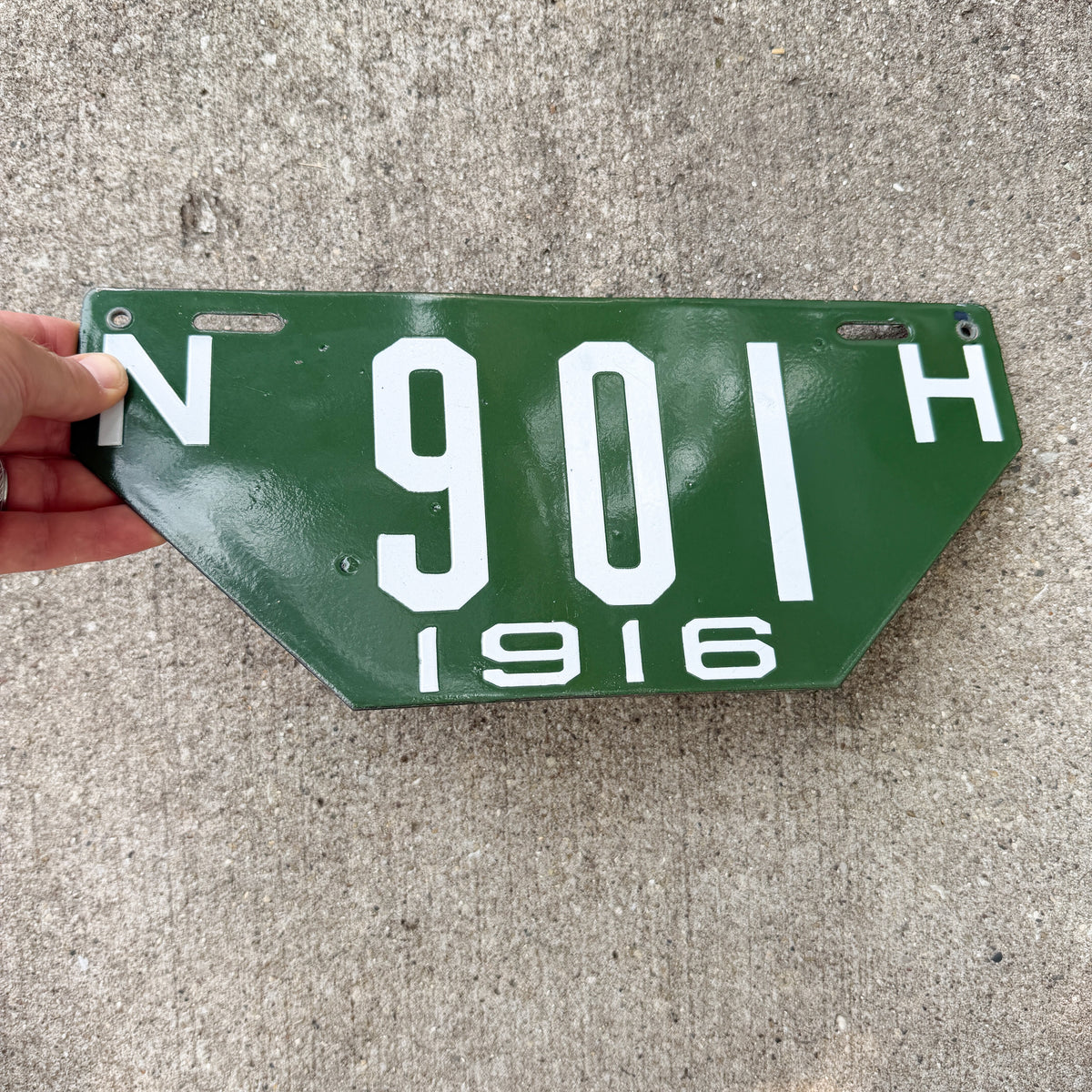 Photo of a 1916 New Hampshire Porcelain Visitor License Plate Auto Tag Garage Decor Vintage Non Resident High Quality 901 with original patina