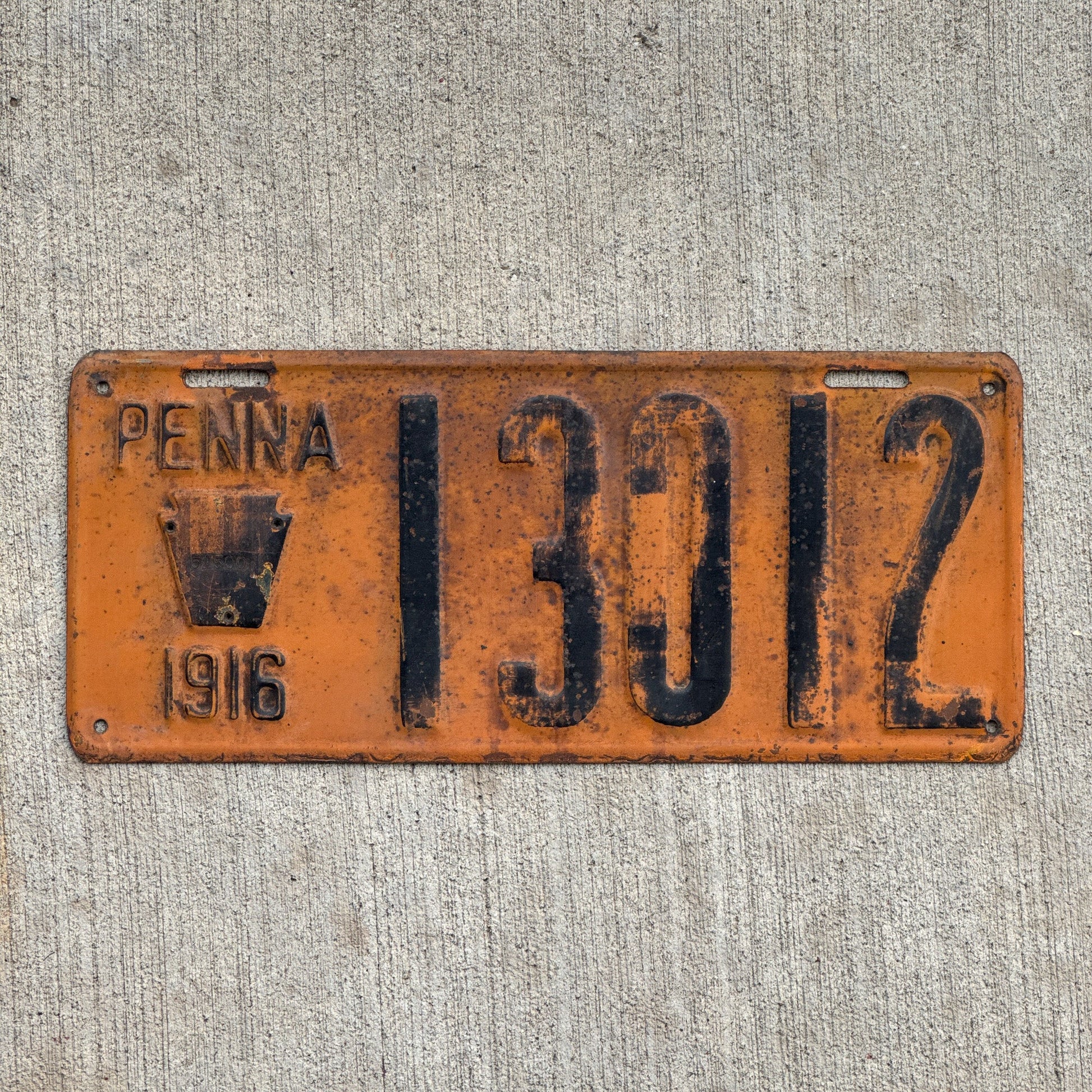 Photo of a 1916 Pennsylvania License Plate Auto Tag Garage Decor Vintage 13012 with original patina