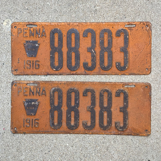 Photo of a 1916 Pennsylvania License Plate Pair Auto Tag Garage Decor Vintage Full House Number 88383 with original patina