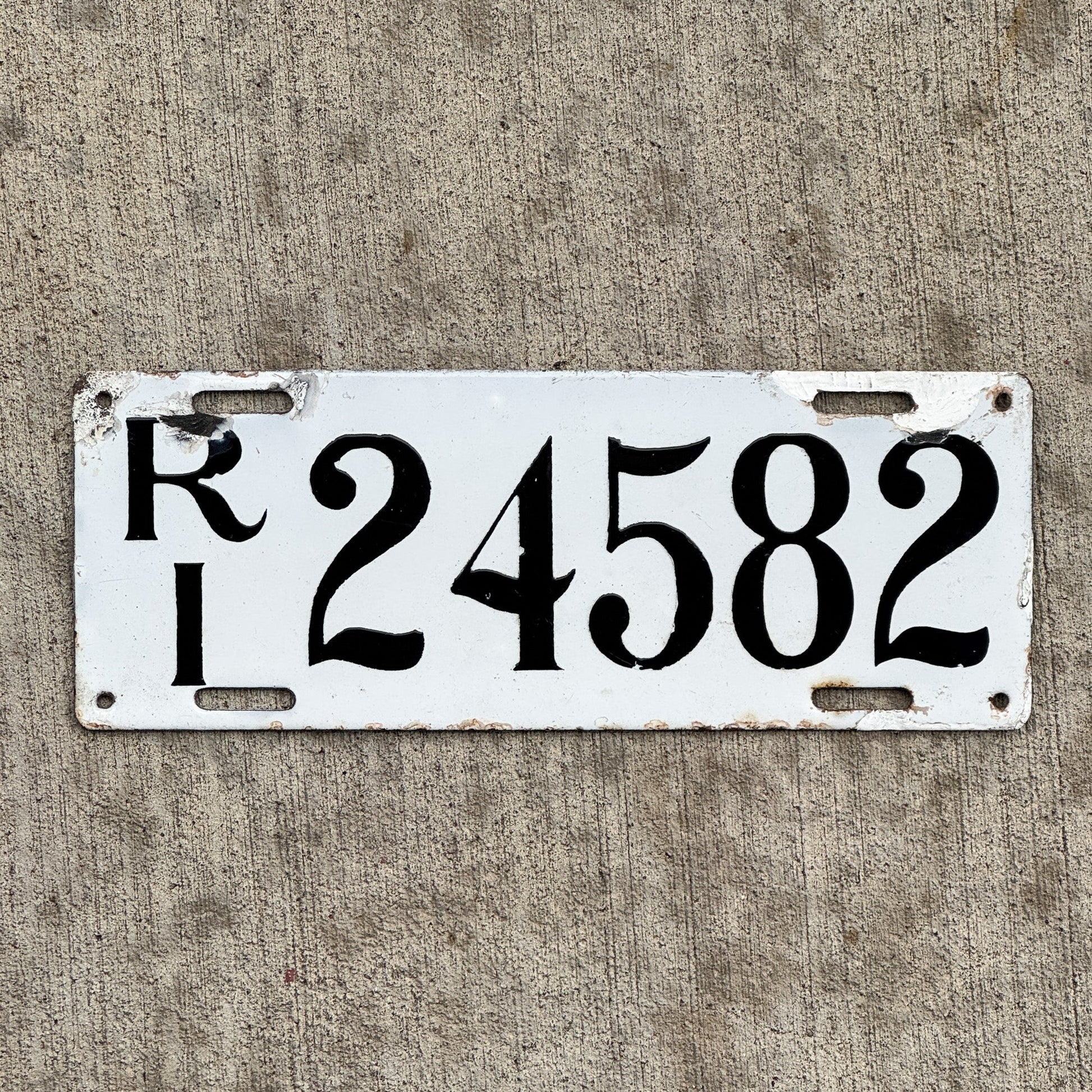 Photo of a 1916 Rhode Island Porcelain License Plate Auto Tag Garage Decor Vintage 24582 with original patina