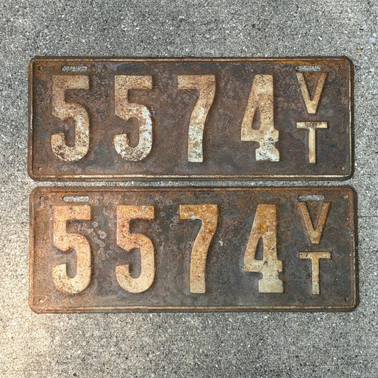 Photo of a 1916 Vermont License Plate Pair Auto Tag Garage Decor Vintage Low Number Four Digit 5574 with original patina