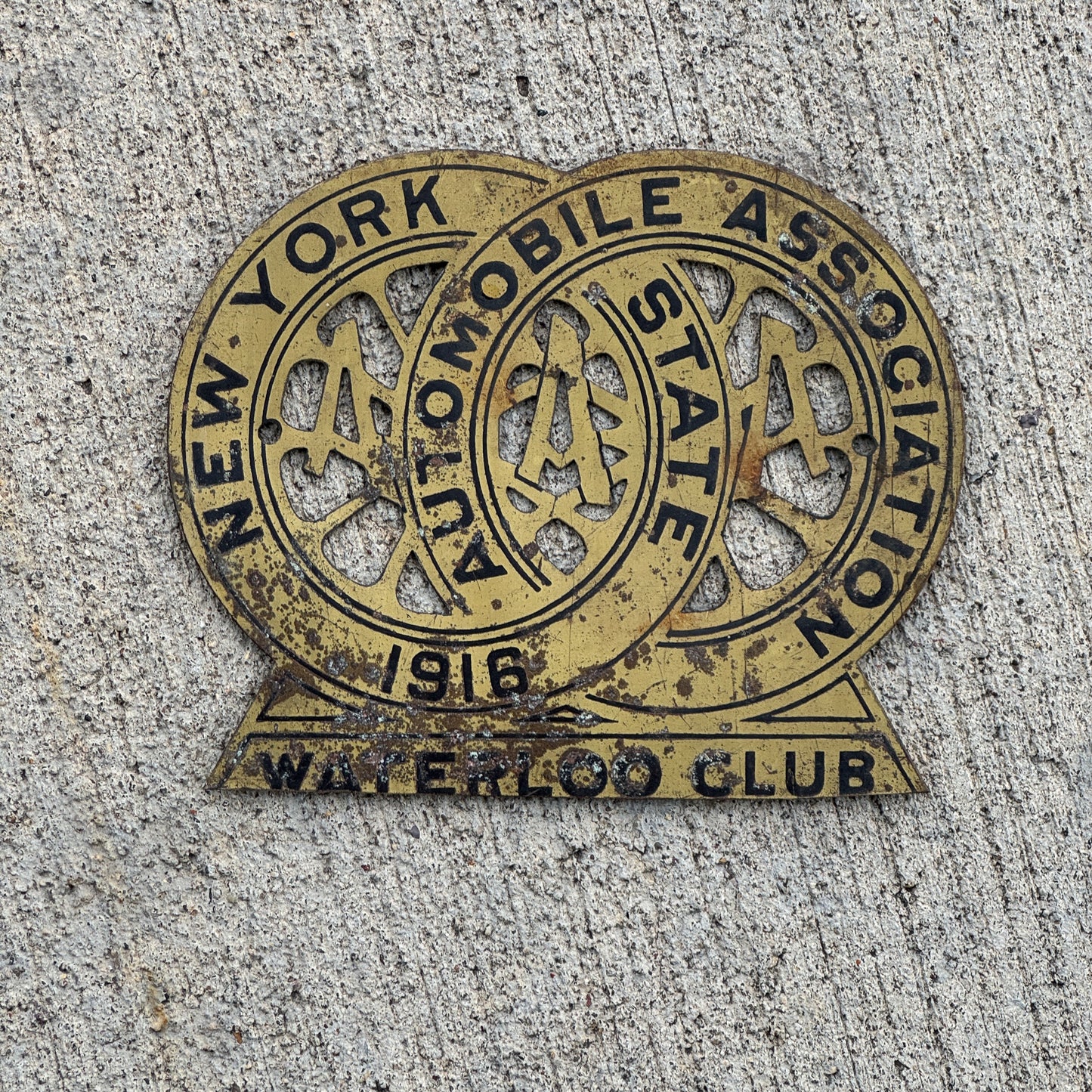 Photo of a 1916 Waterloo New York Badge Emblem License Plate Topper Auto Tag Garage Decor Vintage AAA Auto Club with original patina