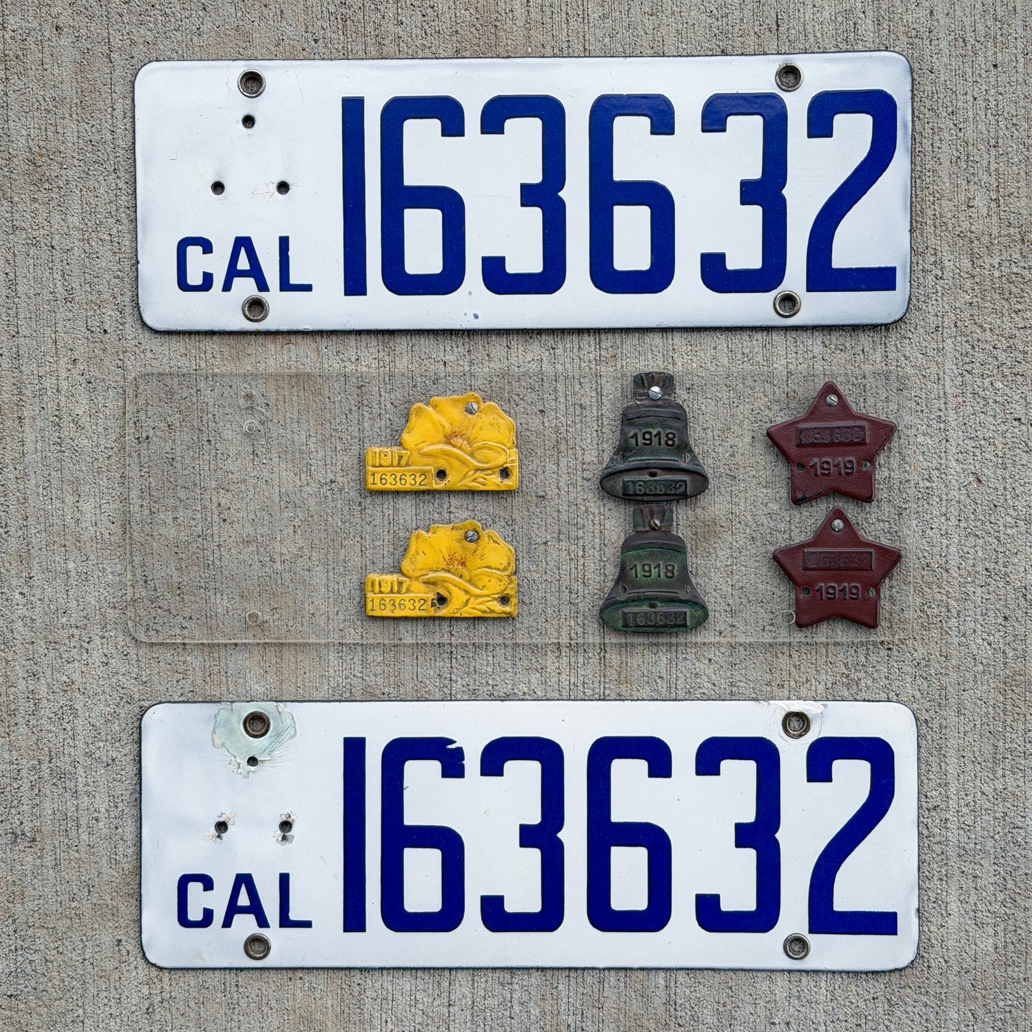 1916 1919 California Porcelain License Plate Pair with Matching Badge Set 163632