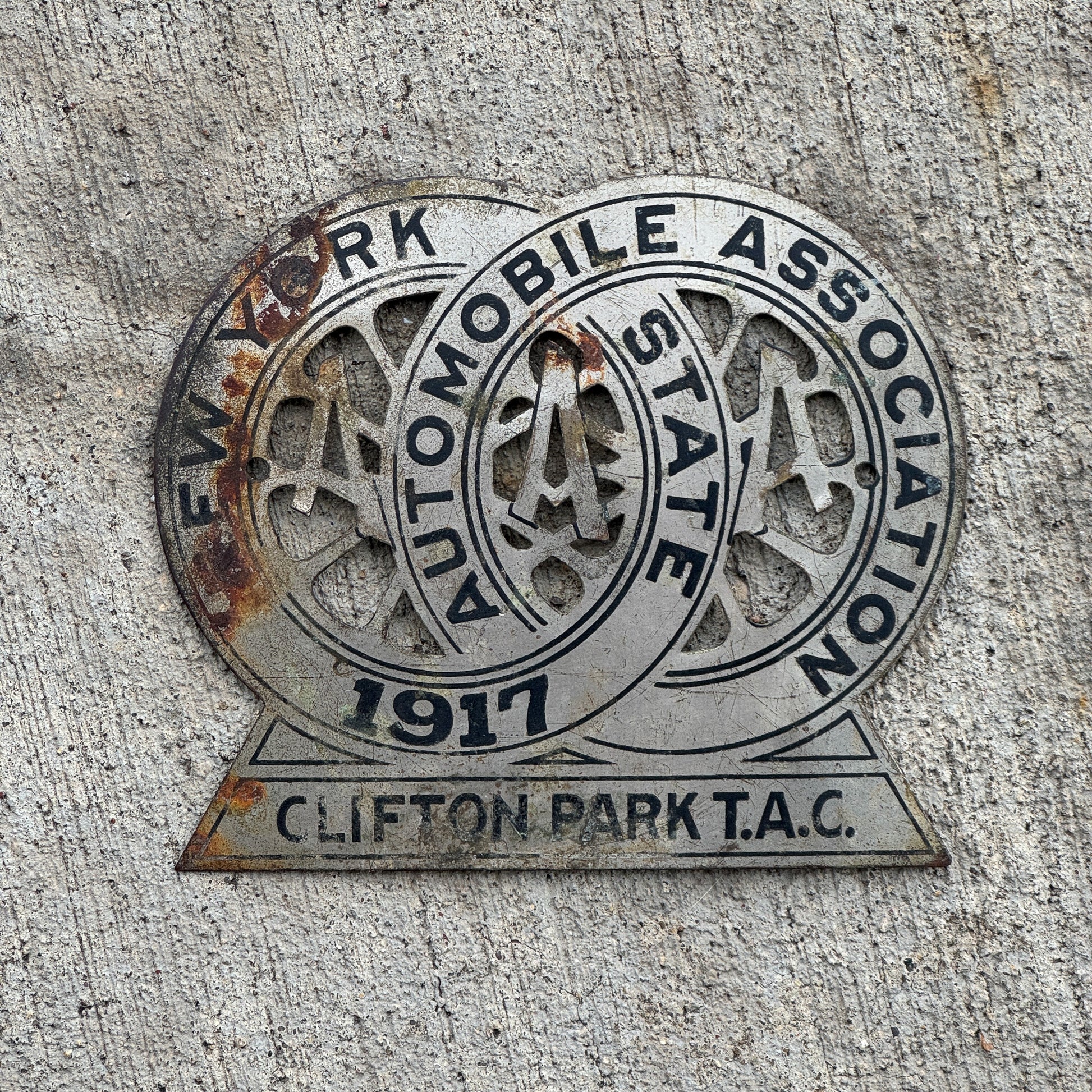 Photo of a 1917 Clifton Park TAC New York Badge Emblem License Plate Topper Auto Tag Garage Decor Vintage AAA Auto Club with original patina